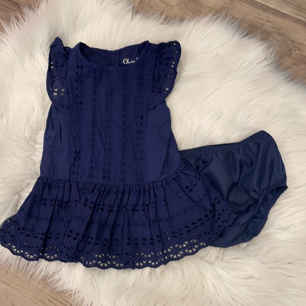 Navy blue girls eyelet dress, 9-12 months